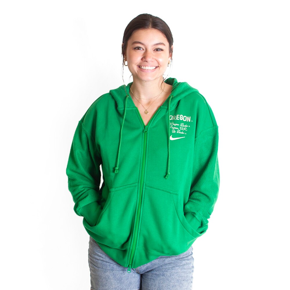Go Ducks, Nike, Green, Hoodie, Cotton Blend, Women, Cotton Fleece, Oversized, Chain Stitch, Rattan, Full Zip, Sweatshirt, 732875